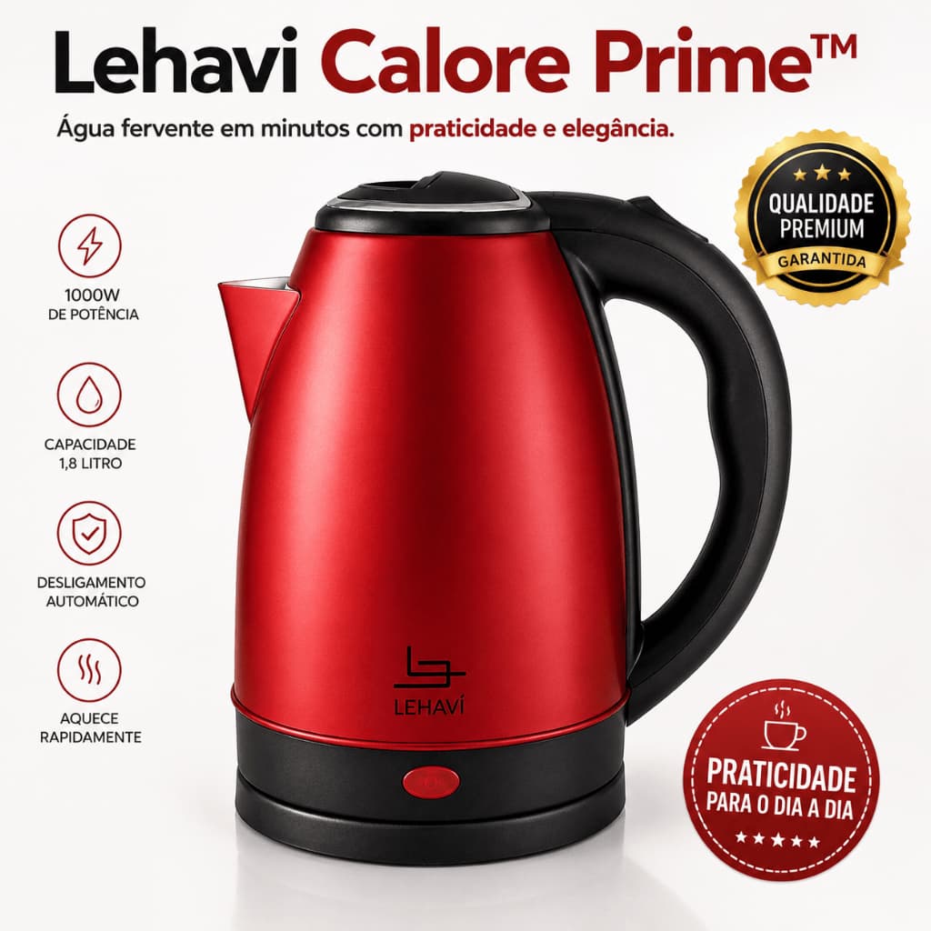 Chaleira Elétrica Inox Rápida Capacidade 1.8 Litros Lehavi Potente 1000 Watts 127/220 V Vermelha