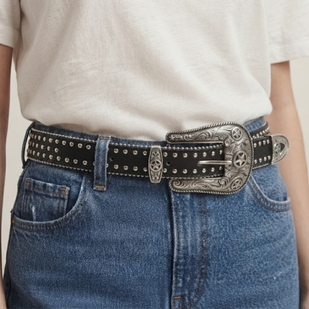 Cinto de Couro Sintético Com Rebites Fivela de Metal Estilo Boho Western Feminino