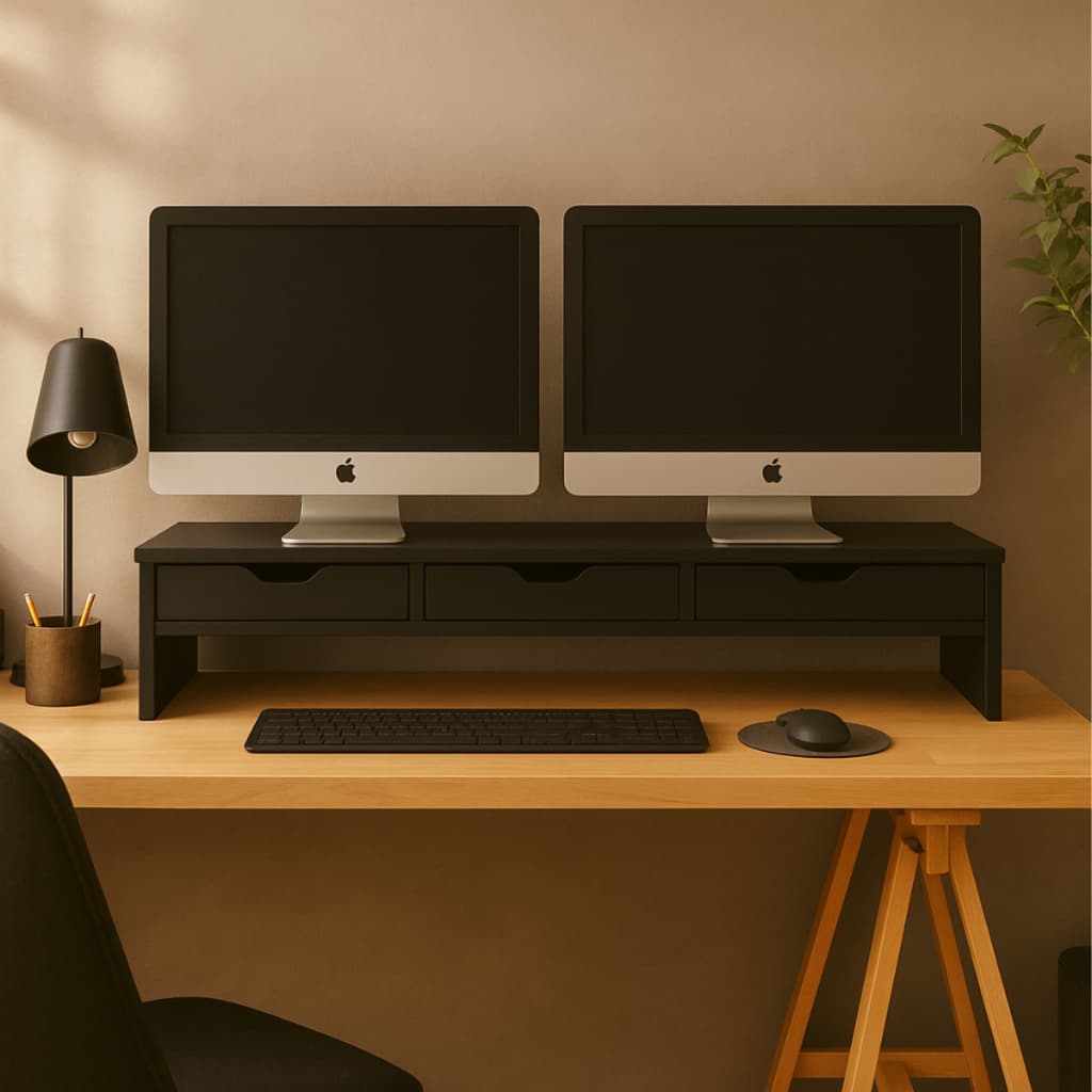 Suporte para Monitor de Mesa 2 Gavetas Escritório Ergonômico Mdf Black Piano