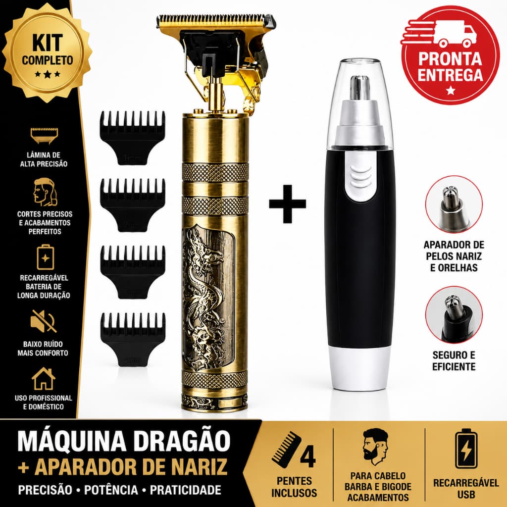 Kit Cuidados Masculinos - Máquina de Cortar Cabelo (Dragão) + Aparador de Pelos Nariz