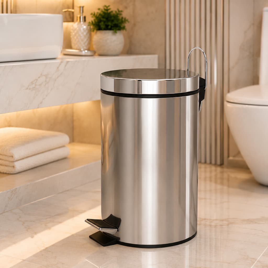 Lixeira Inox 5 Litros Redonda Com Tampa Basculante Cesto Interno Banheiro Cozinha Escritório Multiuso