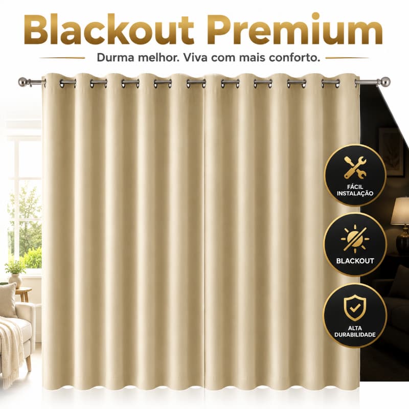 Cortina Blackout PVC Bege 2,80x1,80m Com Ilhós Para Quarto e Sala Bloqueio de Luz