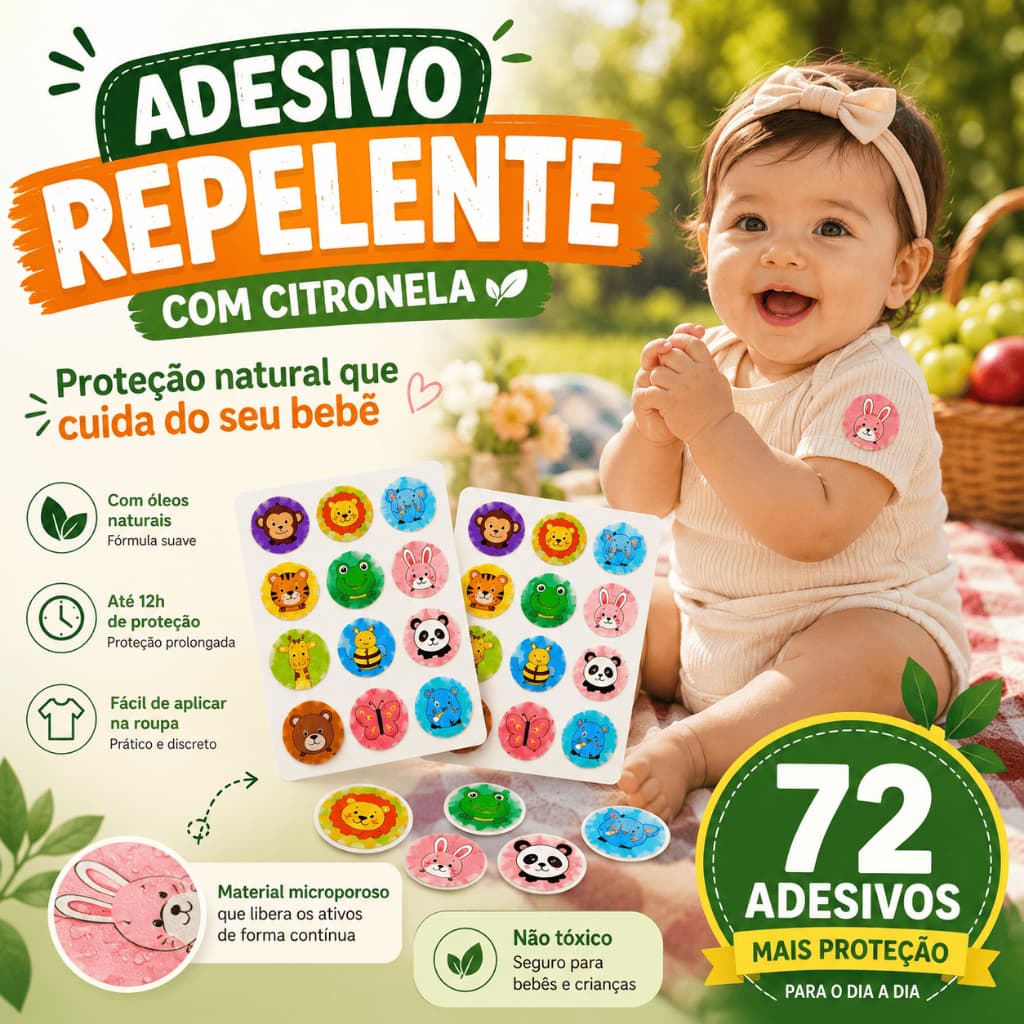 72 Adesivo Repelente Infantil Citronela Natural Anti Mosquito para Bebês e Crianças Não Tóxico