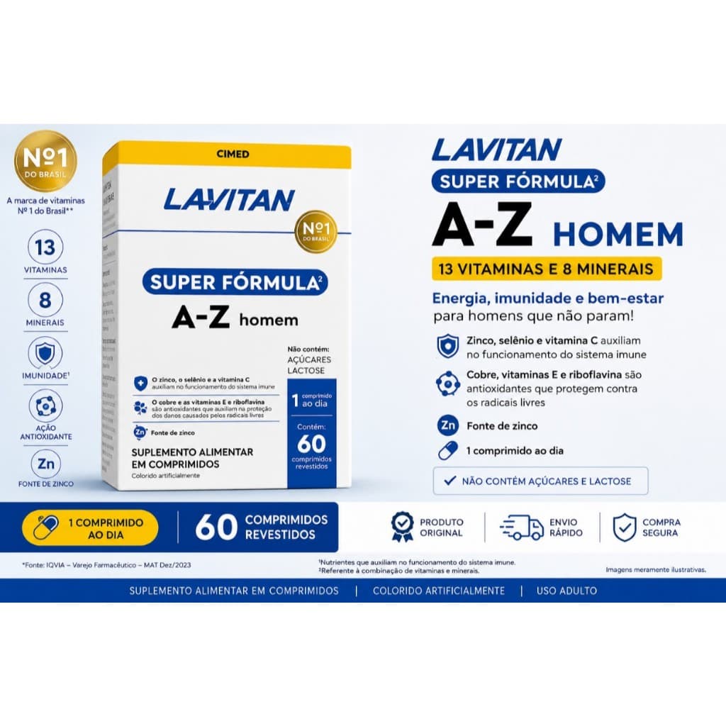 Lavitan A-Z Homem 60 Comprimidos Multivitamínico 13 Vitaminas 8 Minerais Original SUPER FORMULA