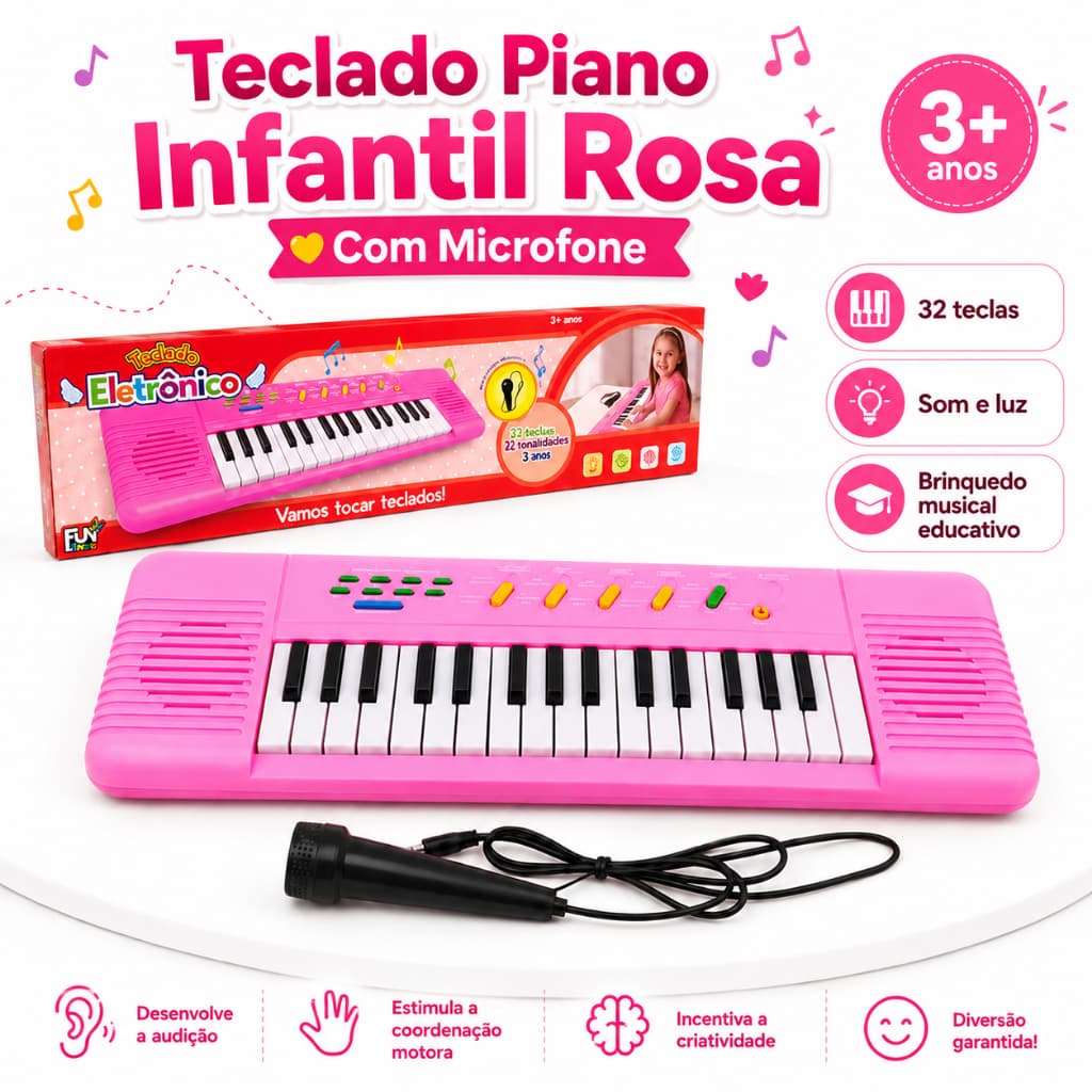 Teclado Piano Infantil Rosa com Microfone | Brinquedo Musical Educativo com Som e Luz tope qualidade