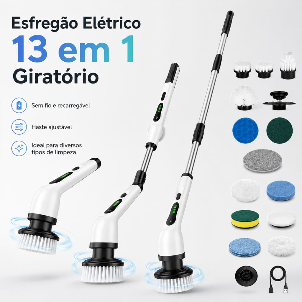 Esfregão Elétrico 13 Em 1 Giratório Recarregável Com Cabo Ajustável – Multiuso 360° Potente Para Limpeza