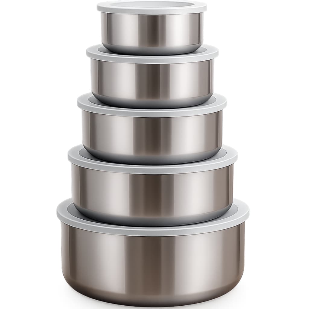 Kit 5 Tigelas Inox Com Tampa Potes Redondos 250ml a 1320ml Jogo de Pote Hermético Cozinha
