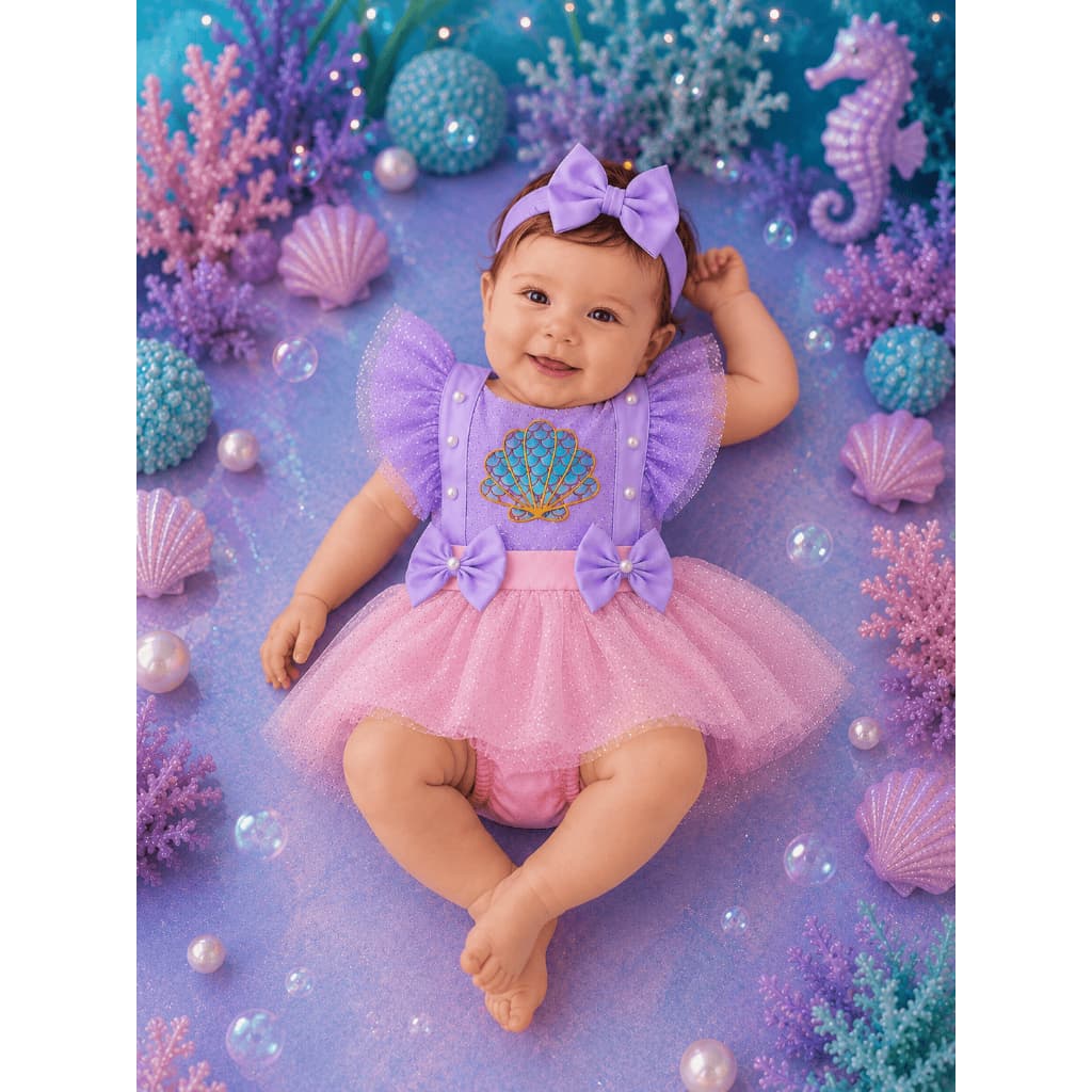 Roupa De Bebê Romper Menina Sereia Ariel Princesas Saia Tule Concha Festa Mesversário Fundo Do Mar