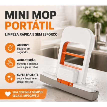 Mini Mop Absorvente Portátil Auto Torção Rodo Esponja Limpeza Pia Bancada Multiuso