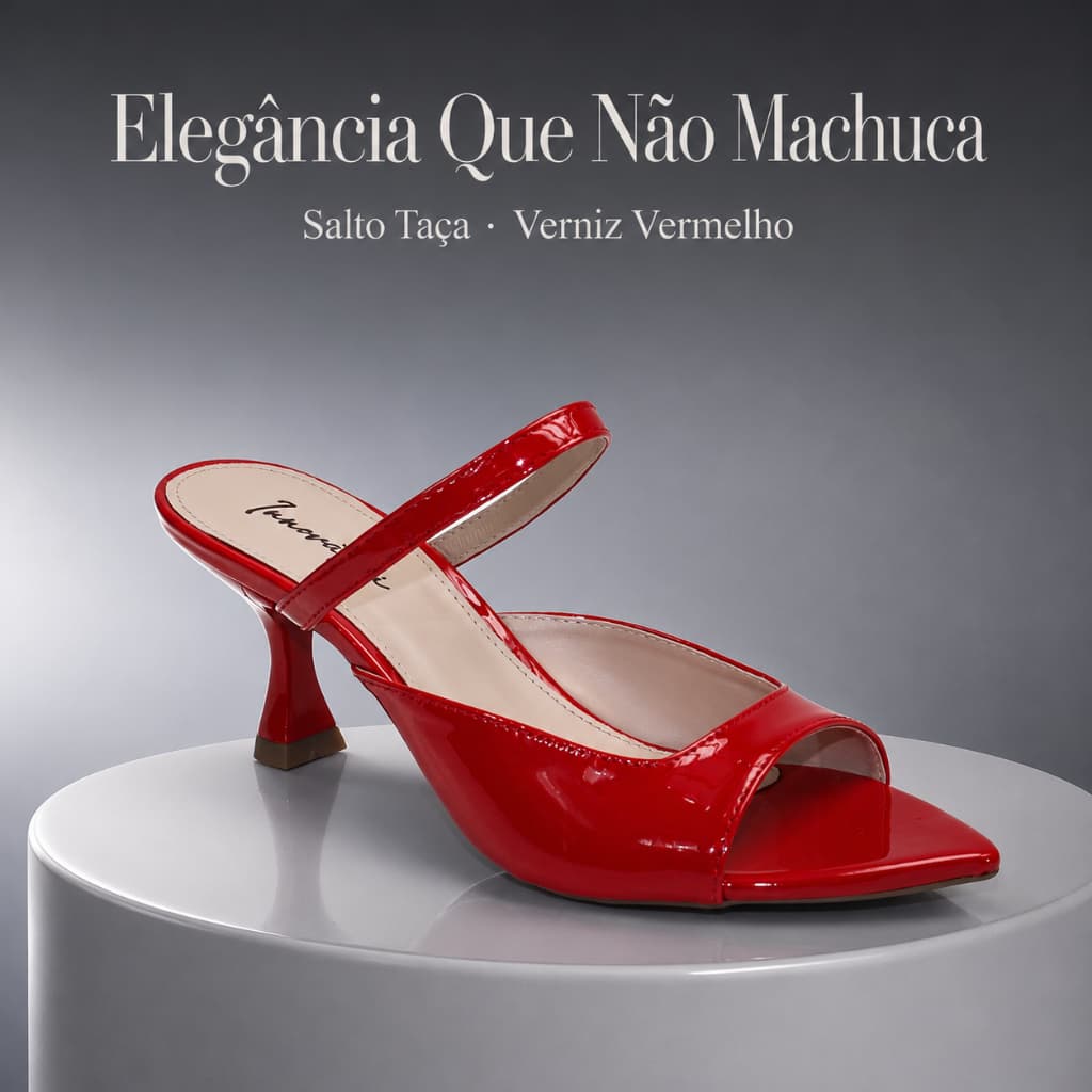 Tamanco Mule Feminino Sandália Bico Fino Folha Salto Medio Taça Tira Verniz Confortável Leve Macia
