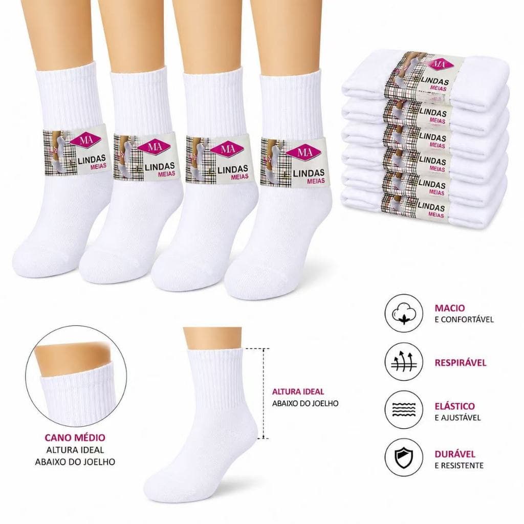 Kit COM 12 Pares de Meia Feminina COLORIDO PRETO BRANCO Cano Alto Adulto meia longa.TAM:35-40/512