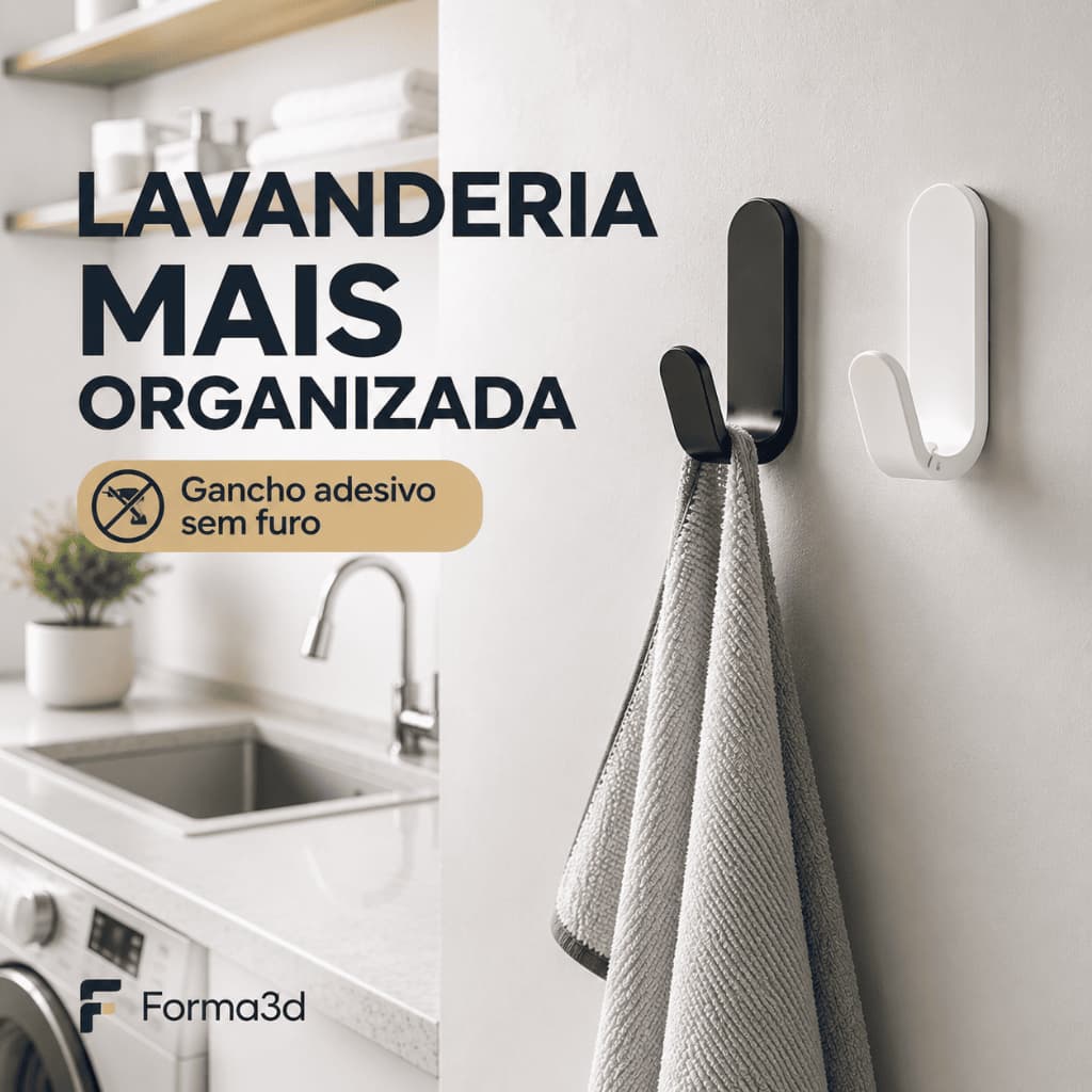 Gancho Adesivo para Lavanderia Porta Pano e Toalha de Parede Sem Furo 3M Preto ou Branco