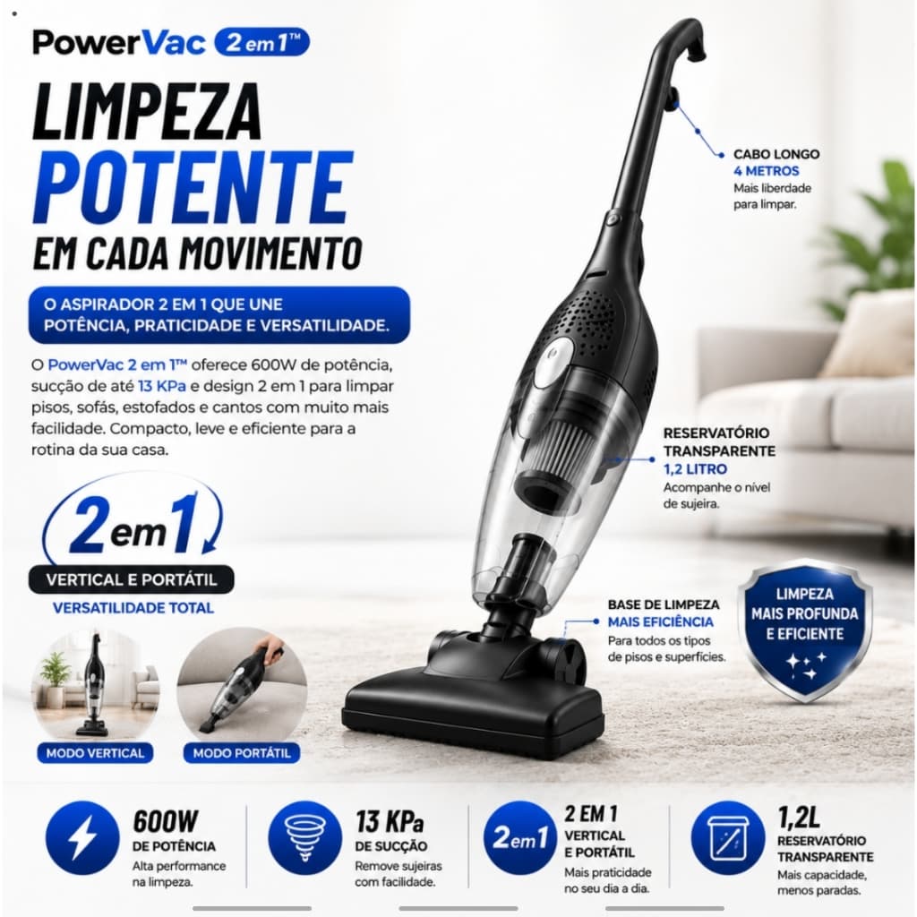 Aspirador de Pó Vertical 2 em 1 600W Com Fio 110V PowerVac 2 em 1™ Portátil Reservatório 1,2L 13KPa