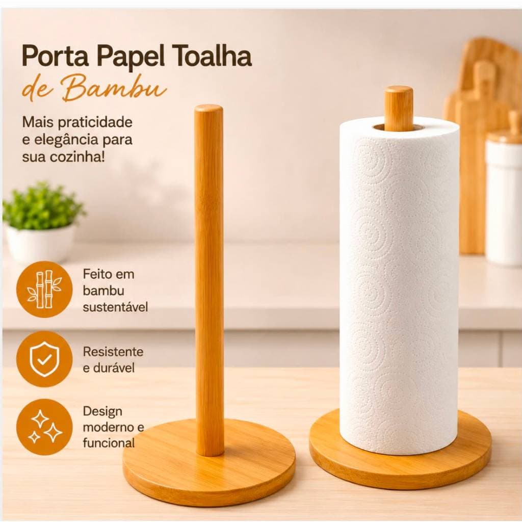 Suporte Porta Papel Toalha Bambu Para Mesa Bancada Cozinha  - Design Elegante e Sustentável
