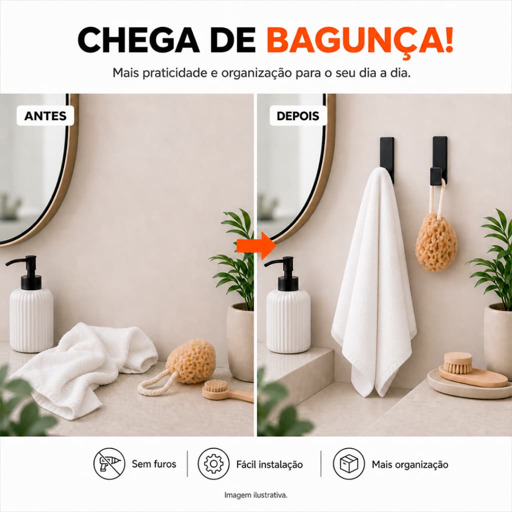 Kit 2/6 Gancho Adesivo Organizador de Parede Para Cozinha Banheiro e Quarto
