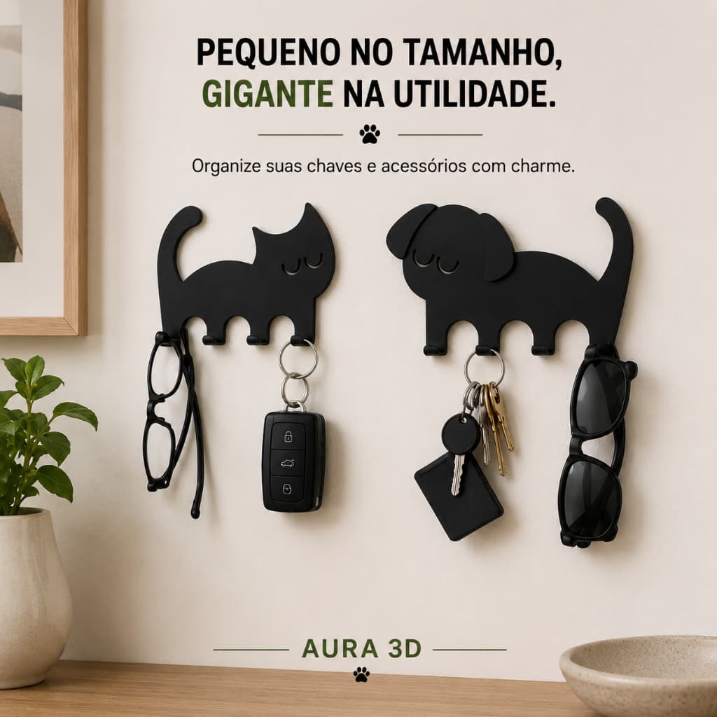 Suporte Porta Chaves Gato ou Cachorro Decorativo Organizador de Parede sem Furos com Fita Dupla Face