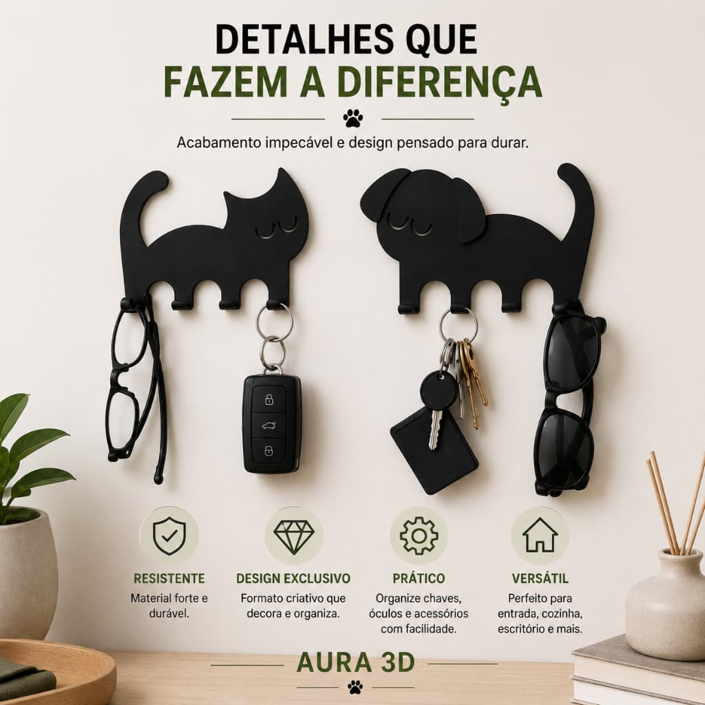 Porta Chaves Gato ou Cachorro Decorativo de Parede Autoadesivo com Fita Dupla Face
