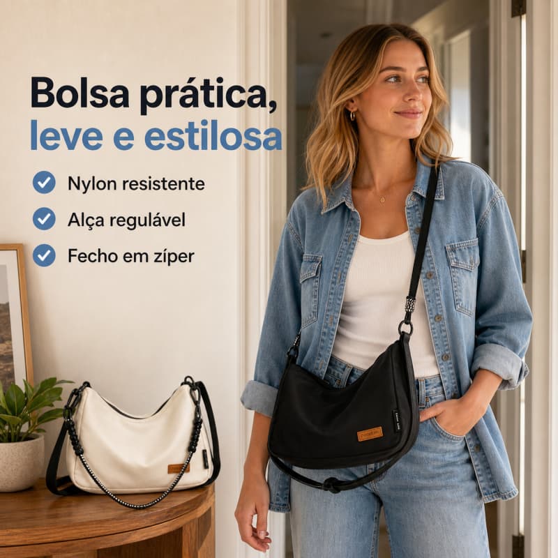 Bolsa Feminina 2 em 1 de Nylon Impermeável, Bolsa Transversal com Alça Regulável para Uso Diário