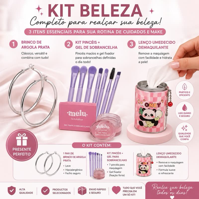 Kit Autocuidado Feminino Brinco de Argola Prata + Pincéis de Maquiagem + Gel para Sobrancelhas + Lenço Demaquilante