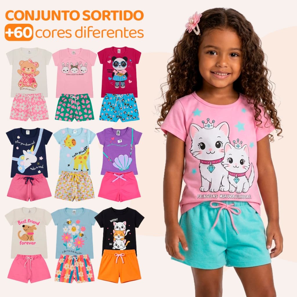 Kit 10 Peças de Roupas Infantil Menina - 5 Camisetas + 5 Bermudas