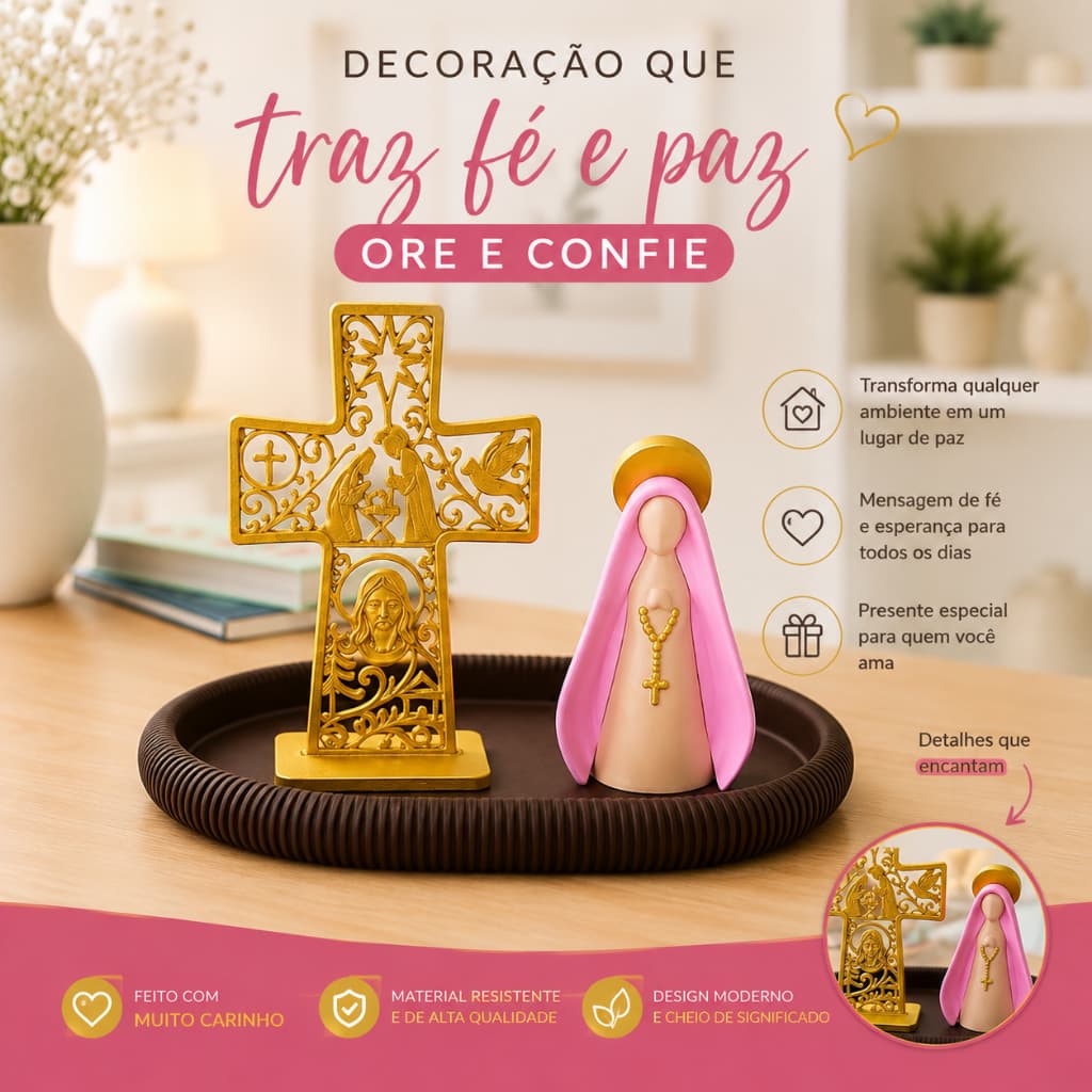Kit Devoção Decorativo com Cruz Trabalhada em 3D Mini Santa Nossa Senhora Religiosa Com altar Minimalista