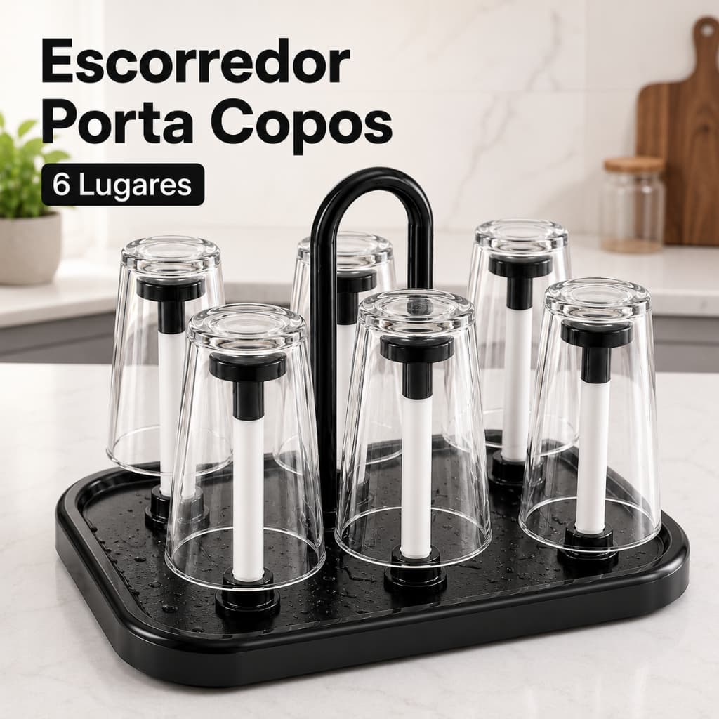 Escorredor Porta Copos 6 Lugares Suporte Secador Organizador Para Pia Bancada Mesa Cozinha Preto