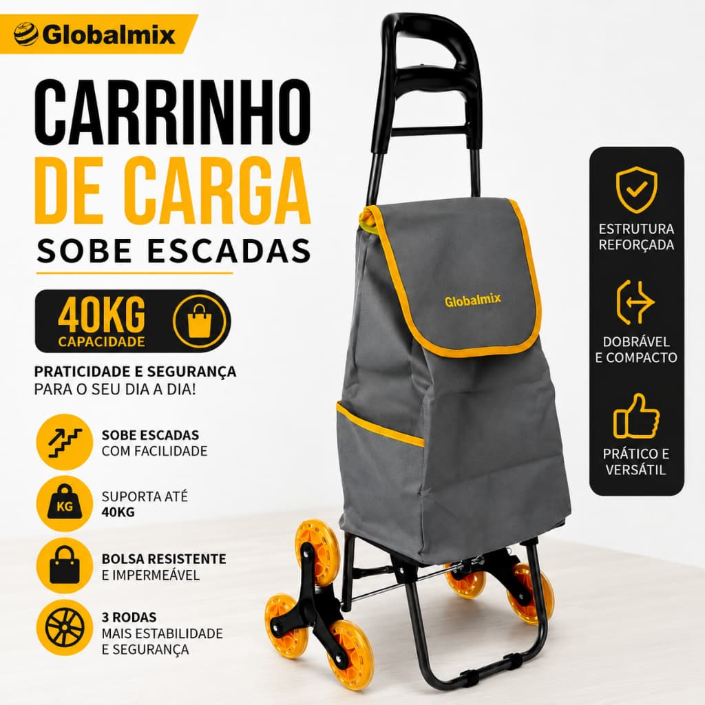 Carrinho de Carga 3 Rodas 40Kg Sobe Escadas