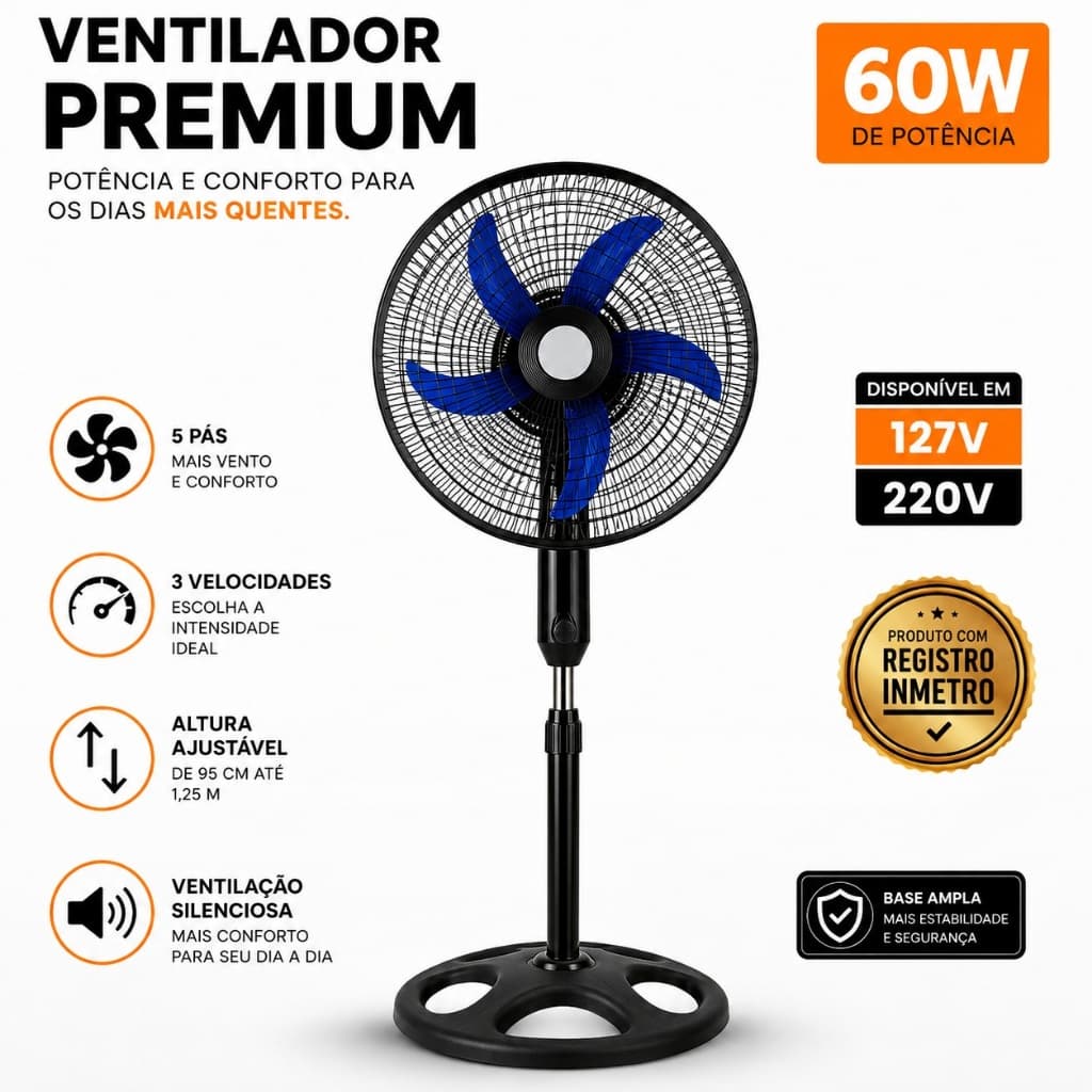 Ventilador Pedestal Premium 60W 127V/220V 50cm 3 Velocidades Silencioso