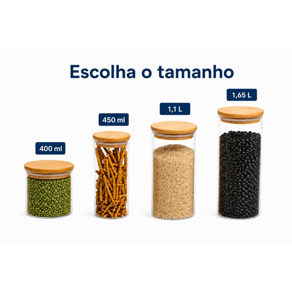 Pote de Vidro Hermético Redondo OIKOS Tampa de Bambu - 400ml, 450ml, 1.1L, 1.65L
