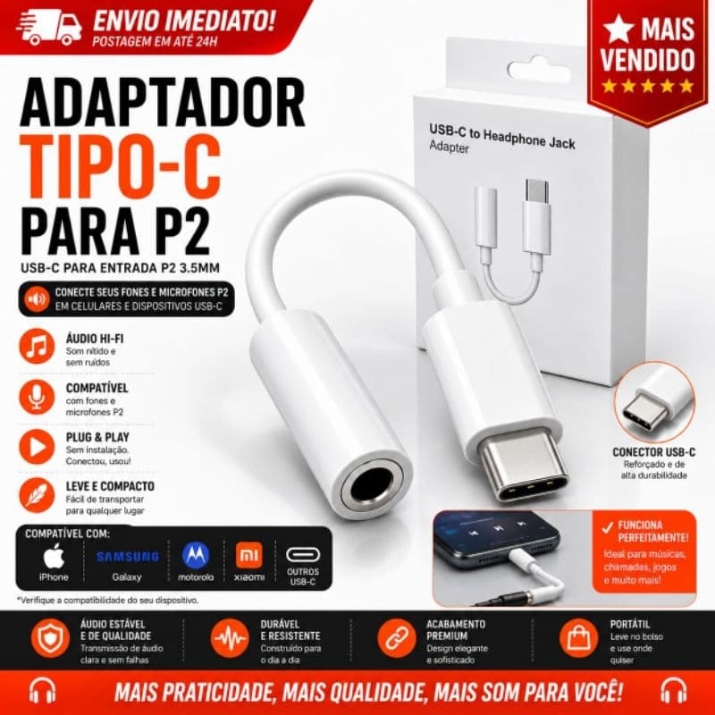 Adaptador Tipo-C Para P2 | USB-C Para P2| Use em Fones de Ouvido Microfones Caixas de som | Todos os Celulares Tipo-C.