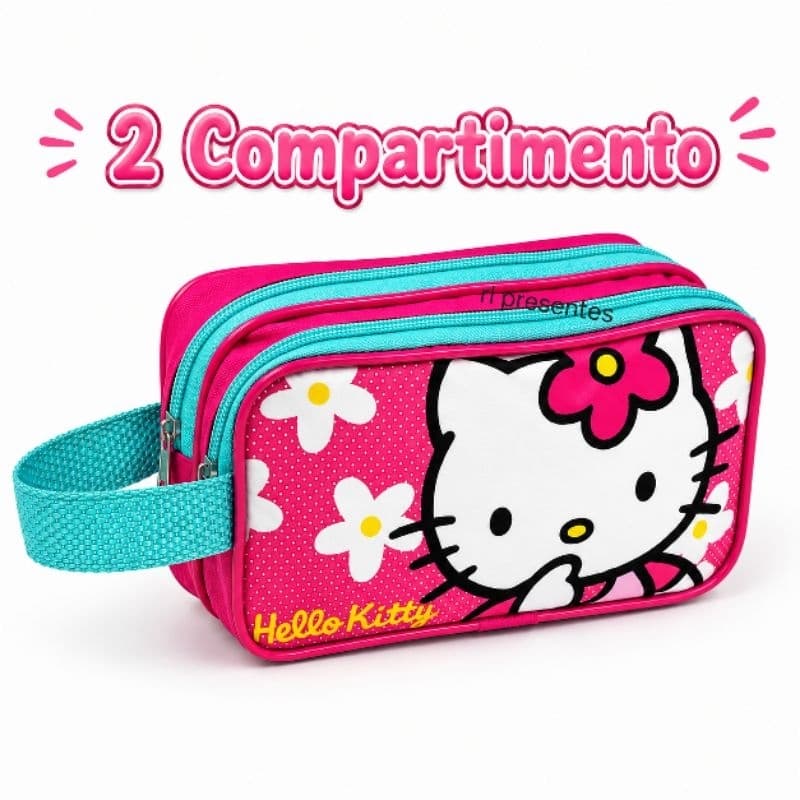 Estojo Escolar Infantil Hello Kitty  Grande Duplo 2 Zíperes Porta Lápis Menina Rosa