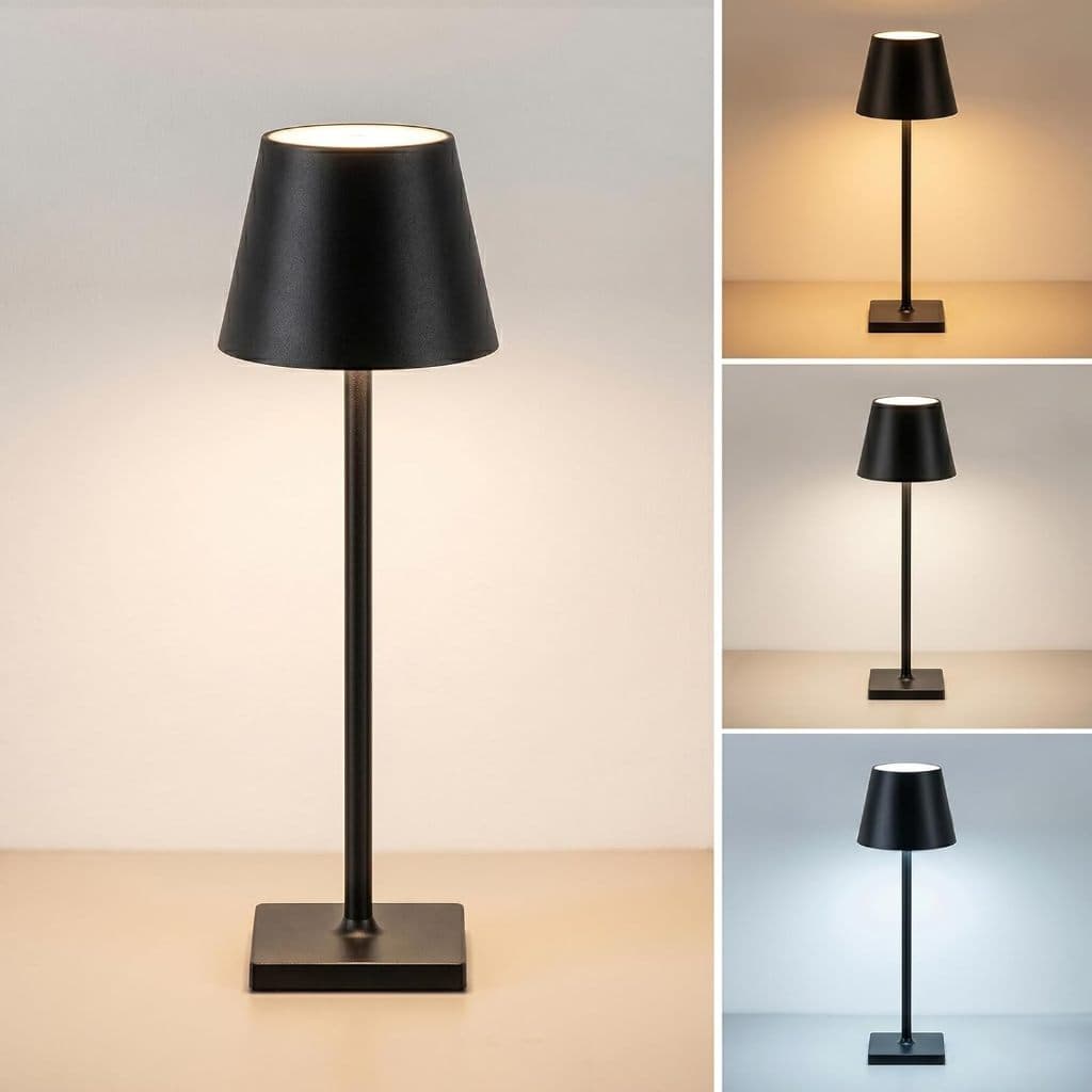 Abajur LED Sem Fio Touch Recarregável USB-C, 3 Cores Dimerizável para Quarto e Mesa