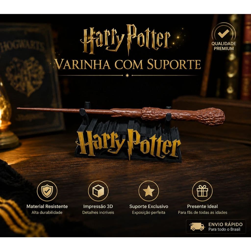 Varinha Mágica Decorativa com Suporte Expositor – Colecionável em Impressão 3D