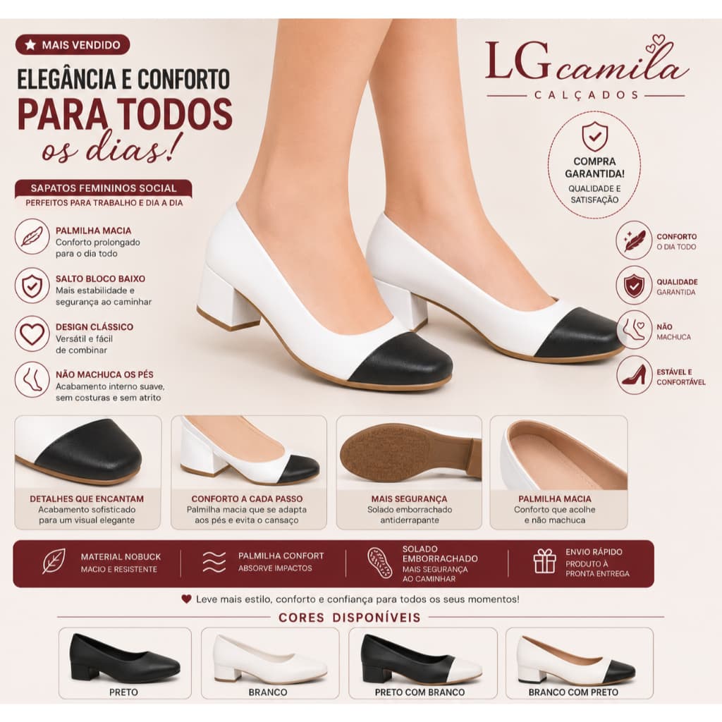 Sapatilha Feminina bico Quadrado Salto Bloco Confortável Casual Elegante Cores