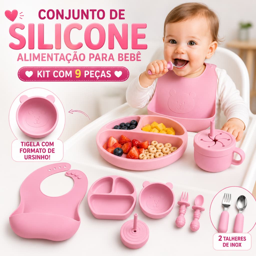 Kit Alimentação Bebê Silicone 9 Peças com Talheres em Aço Inox, Tigela Formato Ursinho e BPA Free
