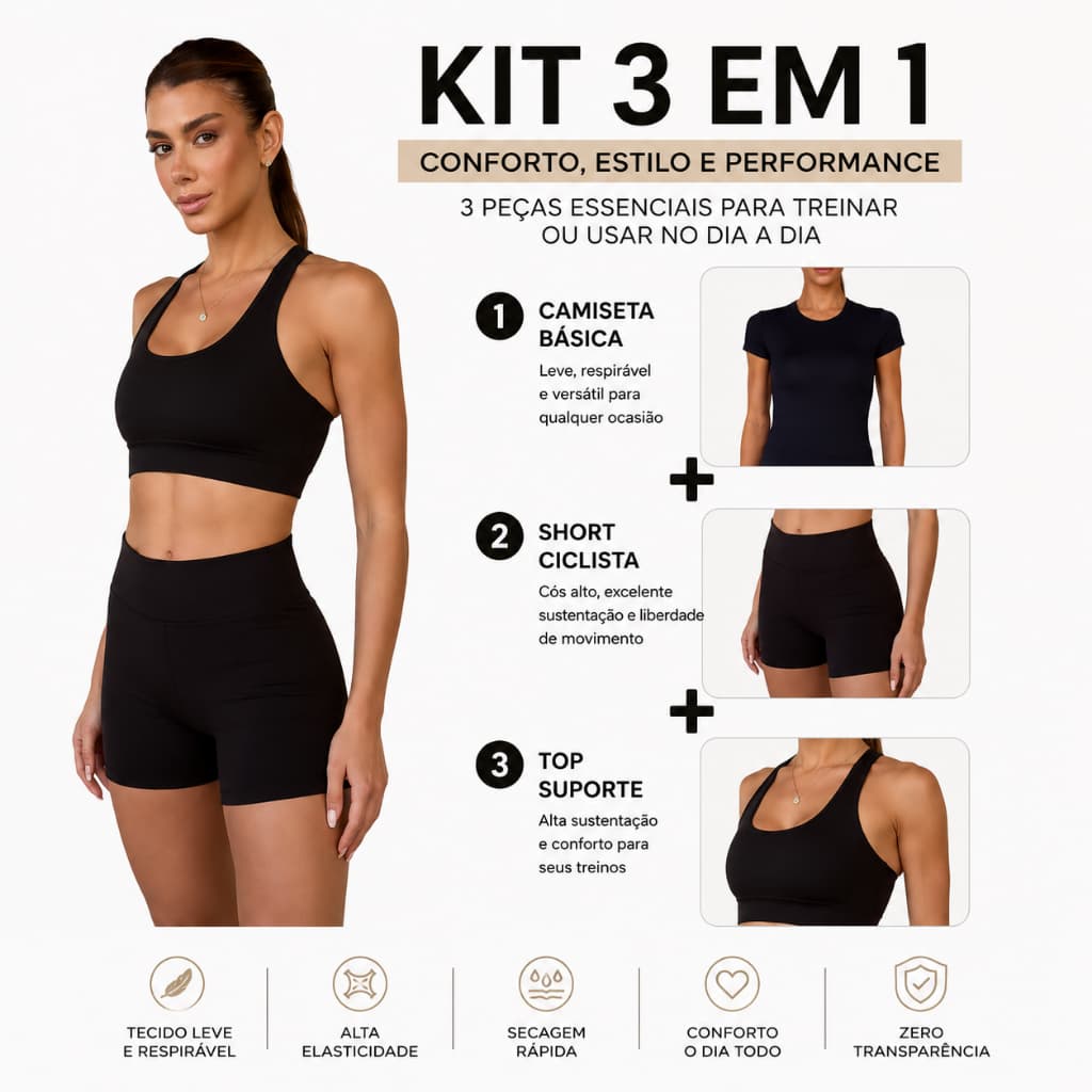 Kit k2b Trio Camiseta , Top  Nadador e  short  Poliamida Feminino Fitness academia e dia a dia