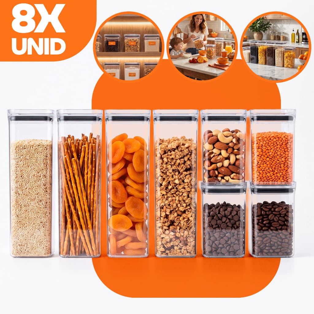 8 Potes Herméticos em Acrílico Cristal para Cozinha e Design Empilhável Organizador para Mantimentos