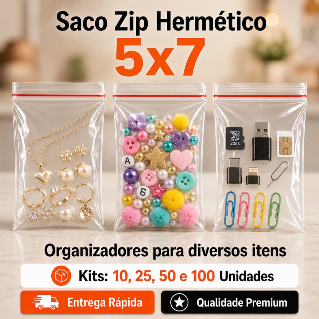 Saco Zip Hermético 5x7 Plástico Pequeno10/25/50/100 Unidades Organização Jóias Abre e Fecha