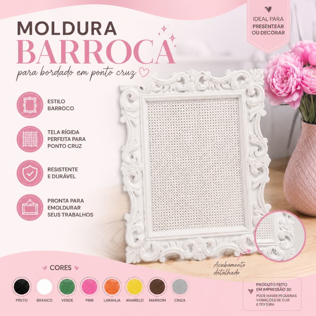 Bastidor para Bordado Ponto Cruz Moldura Barroca Retangular - escolha a cor