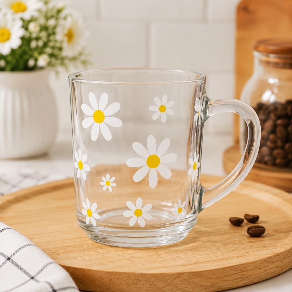 Xicara 245ml Canecas Copo De Vidro Decorado Com Margarida Flor