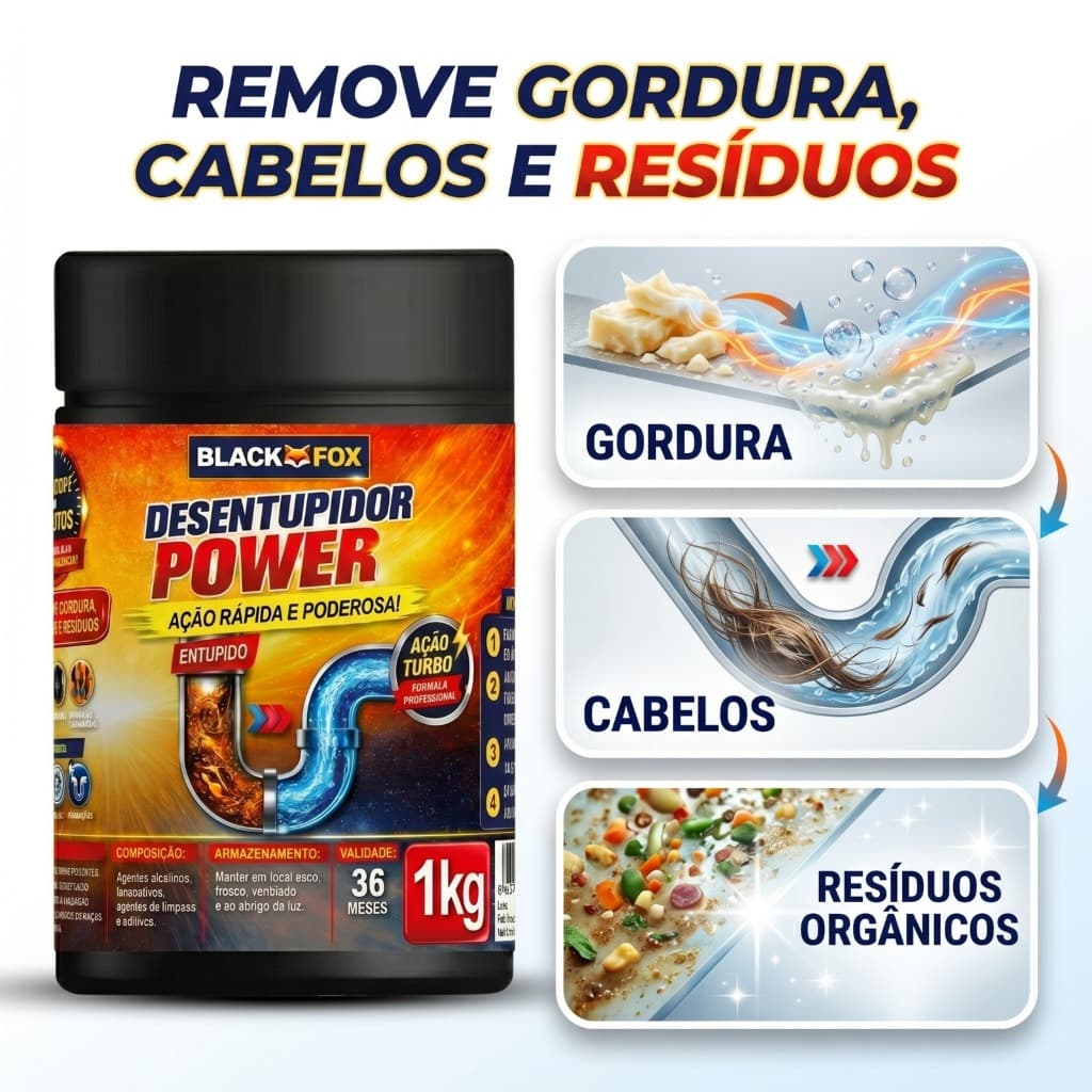 Desentop Removedor Entupimentos Blackfoxx 1Kg Ralos Pias Tubos Cozinha Banheiro Ação Imediata