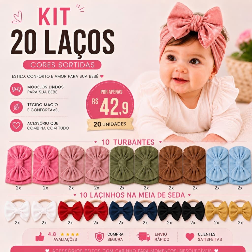 Kit 20 Unidades Laço De Cabelo Bebê Turbante Faixinha