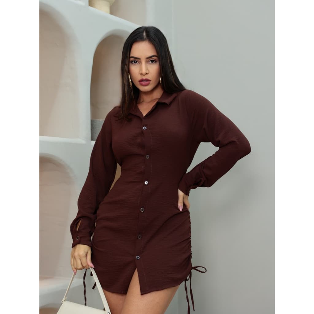 Vestido Chemise Feminino com Botões Manga Longa Tecido Duna Elegante Casual Blogueira