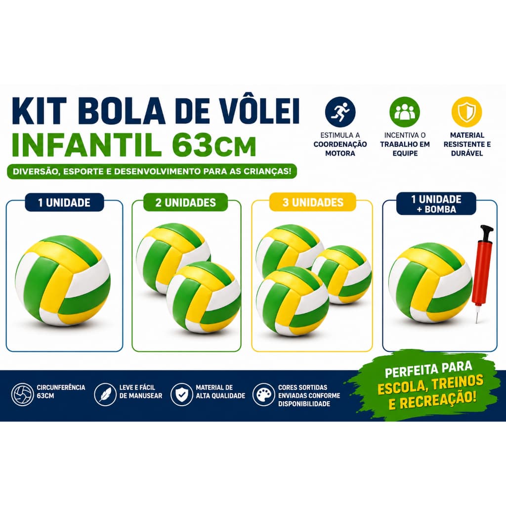Kit Bola de Vôlei Infantil Sortida Colorida 63cm Recreação Escola Treinamento Resistente Colorida