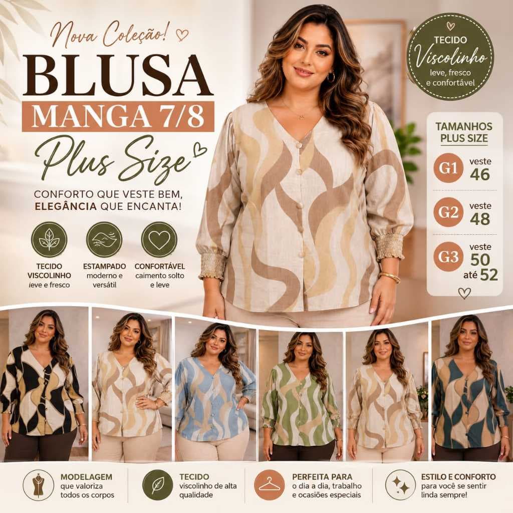Blusa Feminina Viscolinho Manga 7/8 com Lastex  no Punho Plus Size Elegante Casual Botões Frontais