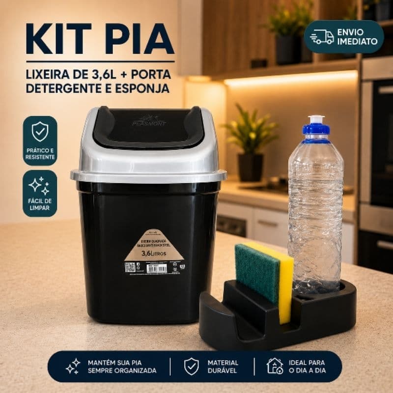 Kit Pia Premium Lixeira Basculante + Porta Detergente e Esponja