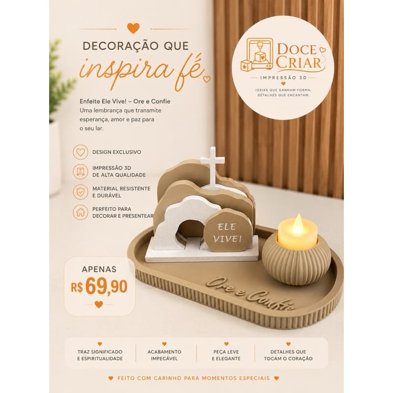 Enfeite Cristão Decorativo “Ele Vive” com Porta-Vela – Impressão 3D