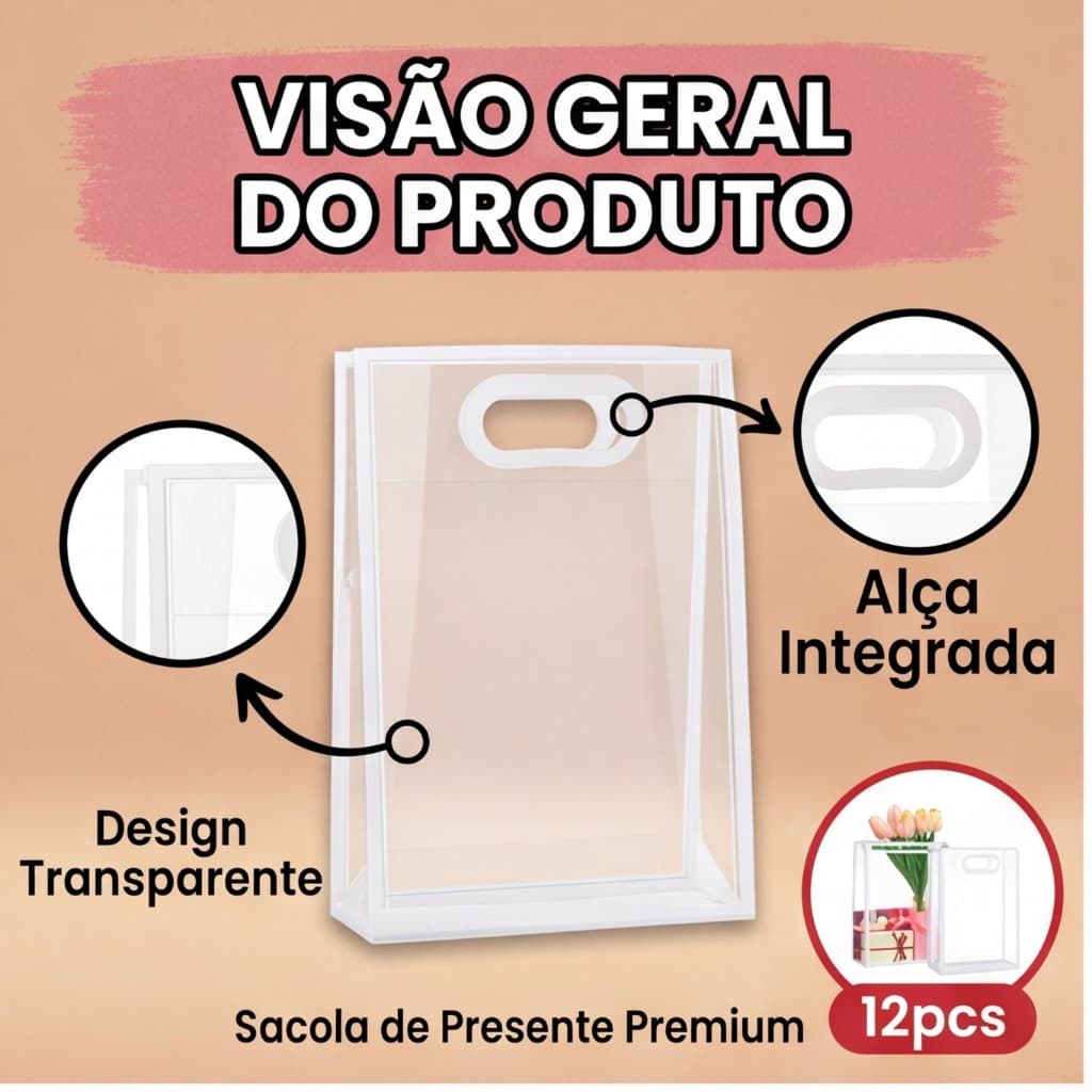 12 Sacolas de Presente Transparentes com Alças Recortadas - Sacolas de Presente Reutilizáveis