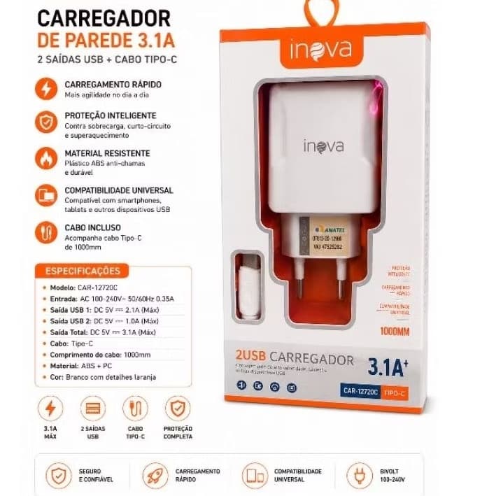 Carregador para celular rápido 2 USB Tipo C 3.1A 5v 1000mm