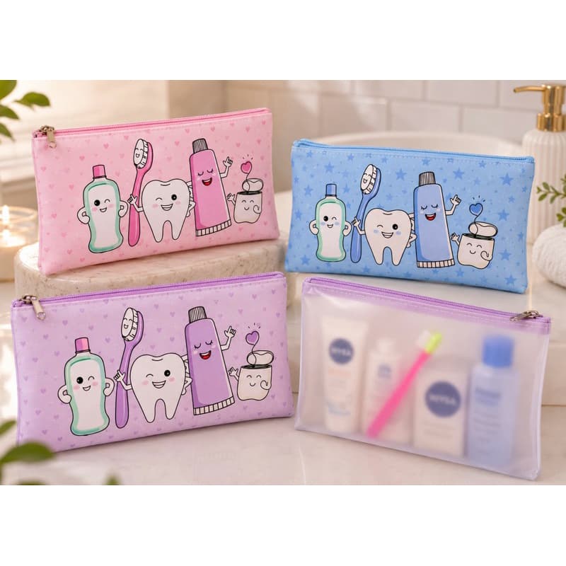 Nécessaire 24x12cm visor fosco kit higiene bucal creme fio dental  raspador organizador viagem higiene rosa azul lilás